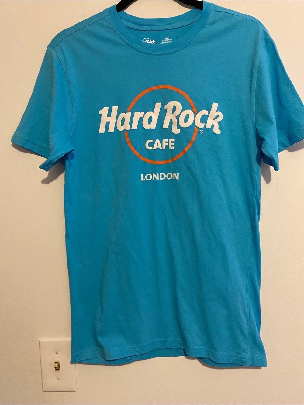 Hard Rock Cafe Turquoise Blue T-Shirt with White and Orange Logo